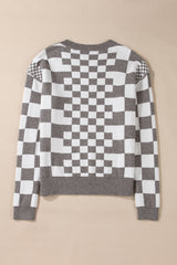 Khaki Checkered Drop Shoulder Round Neck Sweater