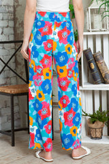 Multicolor Floral Abstract Print Drawstring Wide Waistband Pants