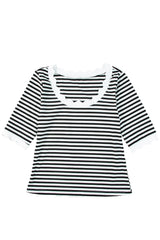 Black Striped Contrast Scallop Trim Half Sleeve T-shirt