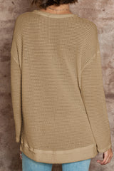 Khaki Plain Waffle Knit Drop Sleeve Side Slits Oversized Top