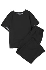 Black Textured Loose Fit T Shirt and Drawstring Pants Set