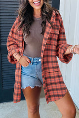 Red Plaid Long Sleeve Distressed Hem Shirt