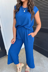 Sky Blue Textured Cap Sleeve Top and Wide Leg Pants Set