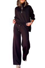 Black Zipper Stand Neck Top and Wide Leg Pants Set