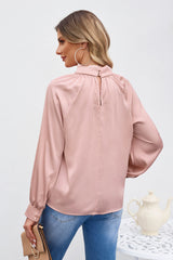 Pink Elegant Keyhole Long Sleeve Satin Blouse