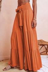 Orange Smocked Waist Tiered Wide Leg Pants