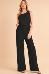 Black Crinkled U Neck Tank and Wide Leg Pants Set