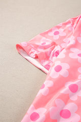 Pink 60s Flower Print Buttoned Shirt and Drawstring Waist Pajama Set