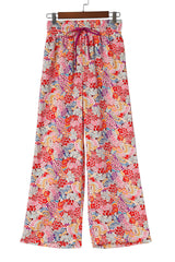 Red Gorgeous Floral Print Drawstring Smocked High Waist Pants