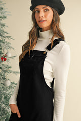 Black Plain Corduroy Pockets Overall Dress