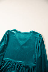 Sea Green Velvet V Neck Puff Sleeve Peplum Blouse