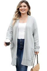 Beige Thermal Knit Pocketed Plus Size Cardigan