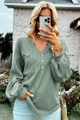 Green Waffle Knit Solid Color Long Sleeve Henley Top