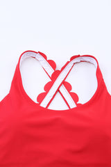 Fiery Red Scallop Hem Cross Straps Cropped Bikini Top