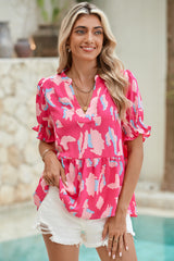 Rose Abstract Print Smocked Puff Sleeve V Neck Peplum Blouse