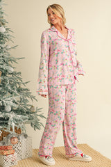 Multicolour Christmas Floral Long Sleeve Shirt and Pants Pajama Set