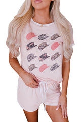 Pink Leopard Hat Print Short Sleeve T Shirt and Drawstring Shorts