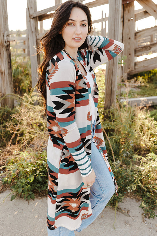 Multicolor Striped Cuffs Geometric Print Color Block Long Cardigan