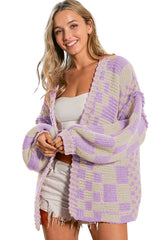 Orchid Petal Colorblock Checked Open Front Knitted Cardigan