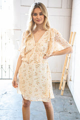 Oatmeal Chiffon Swiss Dot Floral V Neck Woven Dress