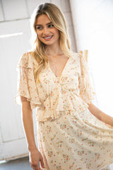 Oatmeal Chiffon Swiss Dot Floral V Neck Woven Dress