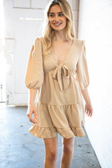 Beige Flow V Neck Knotted Babydoll Woven Dress