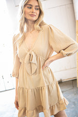 Beige Flow V Neck Knotted Babydoll Woven Dress