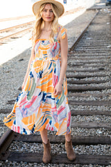 Multicolor Shoulder Tie Smocked Ruffle Lined Maxi Dress