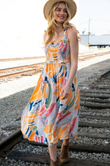 Multicolor Shoulder Tie Smocked Ruffle Lined Maxi Dress