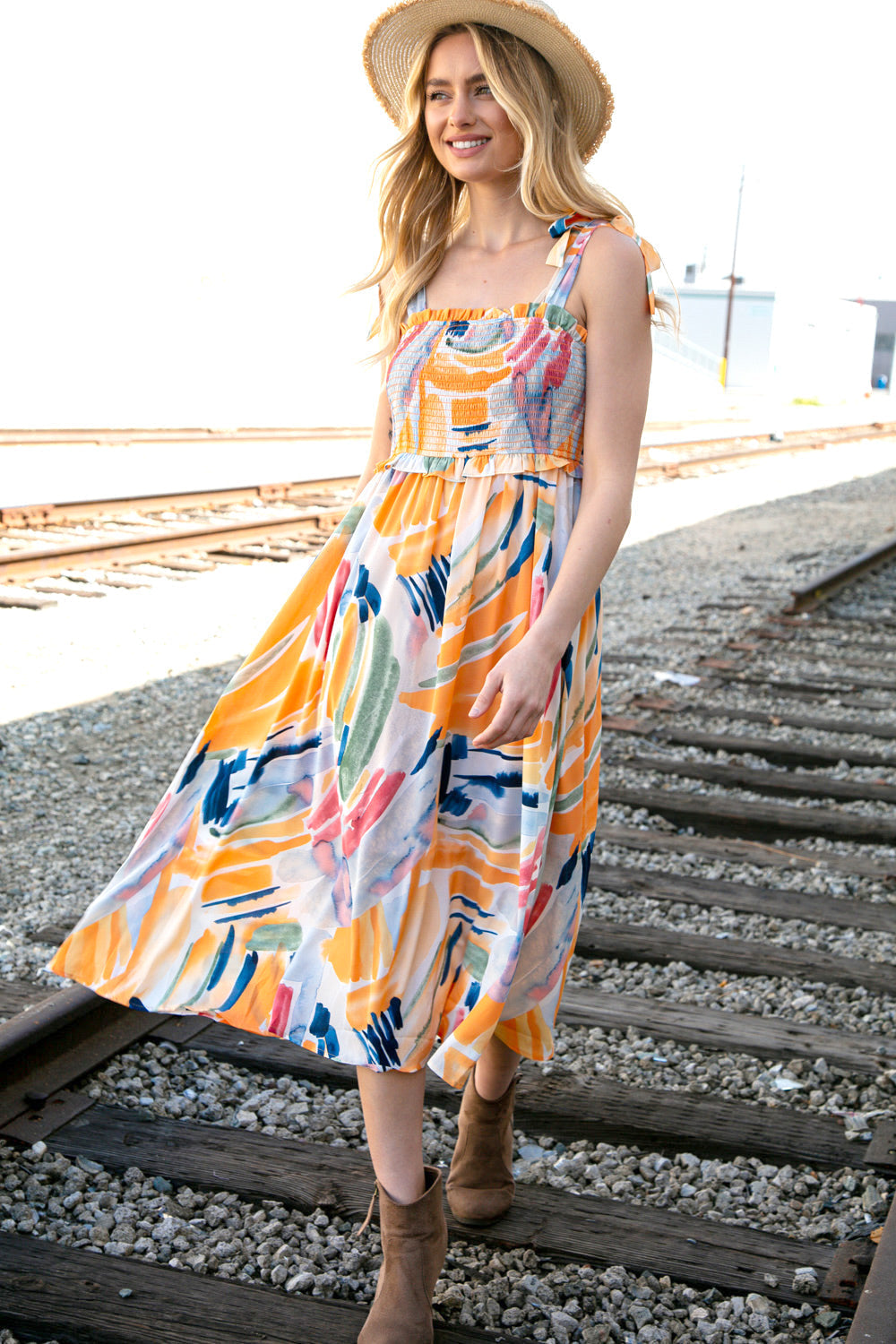 Multicolor Shoulder Tie Smocked Ruffle Lined Maxi Dress