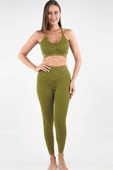 Moss Green Seamless Ribbed Spaghetti Straps Bra Leggings Sports Set