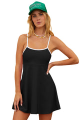 Black Sporty Ribbed Spaghetti Straps Swim Dress