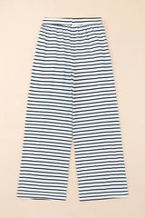 White Striped Casual Drawstring Wide Leg Pants with Pockets