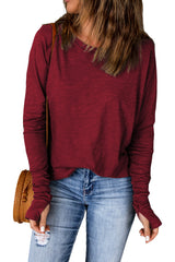 Green Plain Solid Casual Thumbhole Long Sleeve Top