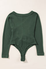 Blackish Green Waffle Wrap V Neck Plain Bodysuit