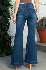 Blue Dark Wash High Waisted Bell Bottom Jeans for Women