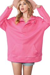 Hot Pink Casual Textured Kangaroo Pocket Sweatshirt