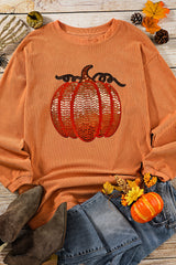 Apricot Crinkle Ribbed Halloween Sequin Pumpkin Graphic Sweatshirt