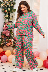 Green Plus Size Leopard Long Sleeve and Pants Loungewear Set