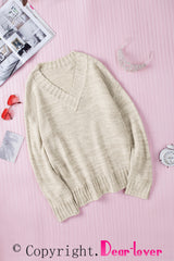 White V Neck Drop Shoulder Knitted Sweater