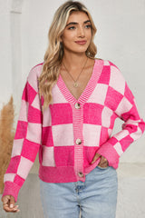 Orange Checkered Buttoned V Neck Drop Shoulder Cardigan