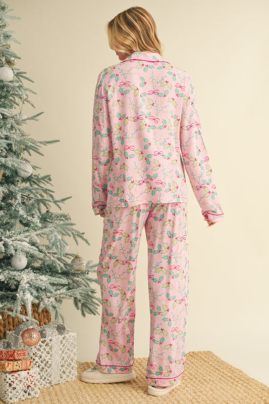 Multicolour Christmas Floral Long Sleeve Shirt and Pants Pajama Set