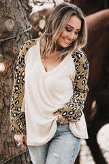 Beige Plus Size Waffle Knit Contrast Leopard Long Sleeve Top