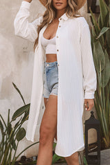 White Striped Button Up Long Sleeve Swimsuit Cover Up