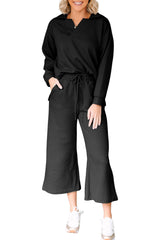 Black Plain Textured Collared V Neck Top and Wide Leg Pants Set