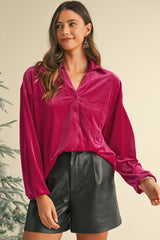 Pitaya Pink Velvet Buttoned V Neck Chest Pocket Shirt