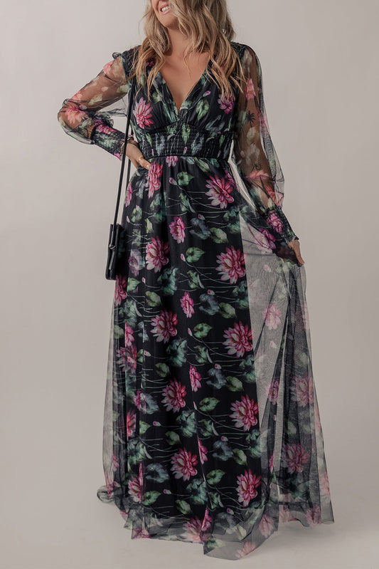 Black Mesh Sheer Shirred High Waist Floral Maxi Dress