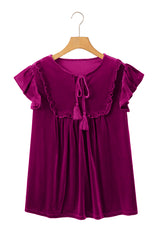 Violet Tied Neck Ruffle Short Sleeve Blouse