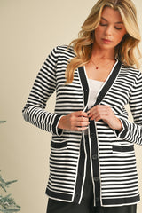 Black Striped Pocketed Button Long Cardigan