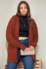 Chestnut Weave Knit Side Pockets Plus Size Cardigan